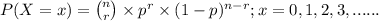 P(X = x) = \binom{n}{r} \times p^{r} \times (1-p)^{n-r};x = 0,1,2,3,......