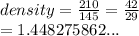 density =  \frac{210}{145}   =  \frac{42}{29}  \\  = 1.448275862...