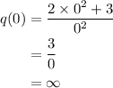 \begin{aligned}q(0)&=\dfrac{2\times0^2+3}{0^2}\\&=\dfrac{3}{0}\\&=\infty\end{aligned}