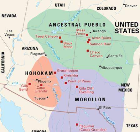 In which region did the Mogollon, Hohokam, and ancestral Puebloans live?

O A. Region 1
OB. Region 2