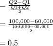 =\frac{Q2 - Q1}{\frac{Q1 + Q2}{2} } \\\\= \frac{100,000 - 60,000}{\frac{100,000 + 60,000}{2}} \\\\= 0.5