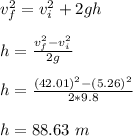 v_f^2 = v_i^2 + 2gh\\\\h = \frac{v_f^2 - v_i^2}{2g}\\\\ h = \frac{(42.01)^2 - (5.26)^2}{2*9.8}\\\\h = 88.63 \ m