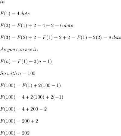 in\\\\F(1)=4\:dots\\\\F(2)=F(1)+2=4+2=6\:dots\\\\F(3)=F(2)+2=F(1)+2+2=F(1)+2(2)=8\:dots\\\\As\:you\:can\:see\:in\\\\F(n)=F(1)+2(n-1)\\\\So\:with\:n=100\\\\F(100)=F(1)+2(100-1)\\\\F(100)=4+2(100)+2(-1)\\\\F(100)=4+200-2\\\\F(100)=200+2\\\\F(100)=202