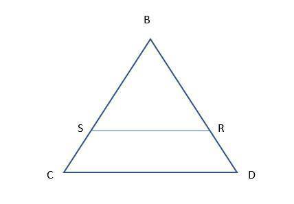 Line RS intersects triangle BCD at two points and is parallel to segment DC. Triangle B C D is cut b