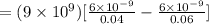 =(9\times 10^9)[\frac{6\times 10^{-9}}{0.04}-\frac{6\times 10^{-9}}{0.06}]