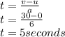 t=\frac{v-u}{a}\\t=\frac{30-0}{6}\\t= 5 seconds