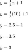 y=\frac{1}{4}x+1\\ \\y=\frac{1}{4}(10)+1\\ \\y=2.5+1\\\\y=3.5\\\\y=3