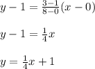 y-1=\frac{3-1}{8-0}(x-0)\\ \\y-1=\frac{1}{4}x\\\\y=\frac{1}{4}x+1