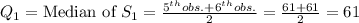 Q_{1}=\text{Median of }S_{1}=\frac{5^{th}obs.+6^{th}obs.}{2}=\frac{61+61}{2}=61