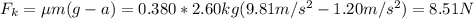 F_{k} = \mu m(g - a) = 0.380*2.60 kg(9.81 m/s^{2} - 1.20 m/s^{2}) = 8.51 N