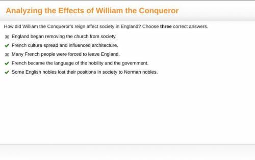 How did William the Conqueror’s reign affect society in England? Choose three correct answers.

Engl