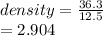 density =  \frac{36.3}{12.5}  \\  = 2.904
