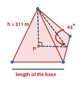 Find the length of the base of the following pyramid, given the height of the pyramid is 211 meters