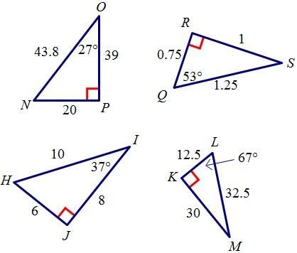 Determine which 2 triangles are similar to each other. the images are not drawn to scale.