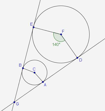 Dg←→ and eg←→ are tangent to circle c and circle f. the points of tangency are a, b, d, and e. if m∠