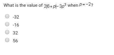 What is the value of 2|6+p|-3p^3 when p = -2 ?  -32 -16 32 56