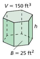 The volume v of a prism with base area b and height h is v=bh. solve the formula for h. then use bot