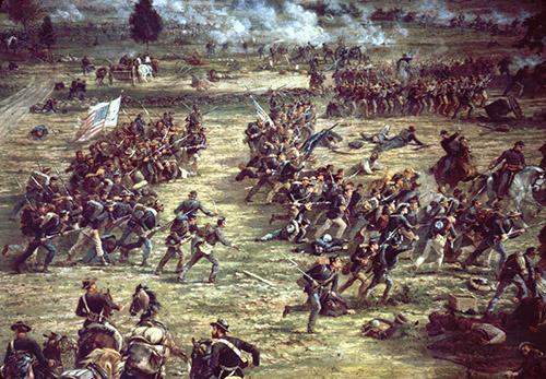 While lincoln's gettysburg address focuses on the aftermath of the battle at gettysburg, the paintin