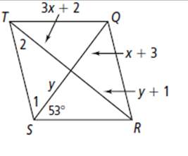 Use rhombus tqrs below for questions 1–4. 1. what is the measure of angle 1 ?  a. 47