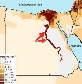 Which of these might explain the reason for the population density in the areas indicated by the red