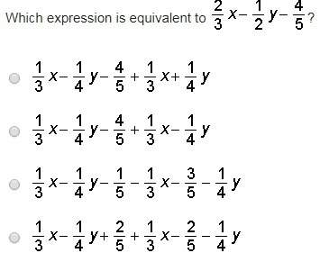 Which expression is equivalent to 2/3x - 1/2y - 4/5