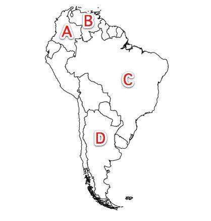 Which letter locates the country of colombia?  a)  b)  c)  d)