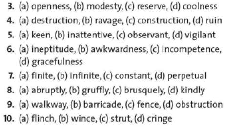 Me. super easy. which word is most different. answer with the corresponding letter for each question