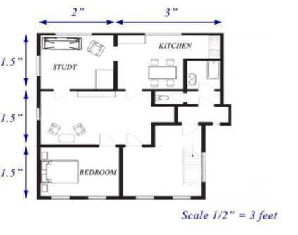 Given the scale drawing of a one bedroom apartment, what is the actual area of the bedroom?  a
