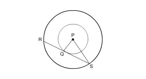 Point p is the center of two concentric circles. pq = 10.5 and ps = 20.9. rs is tangent to the small