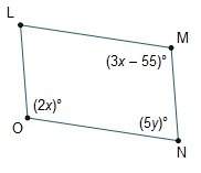 In parallelogram lmno, what are the values of x and y?  x = 11, y = 14 x = 11, y =