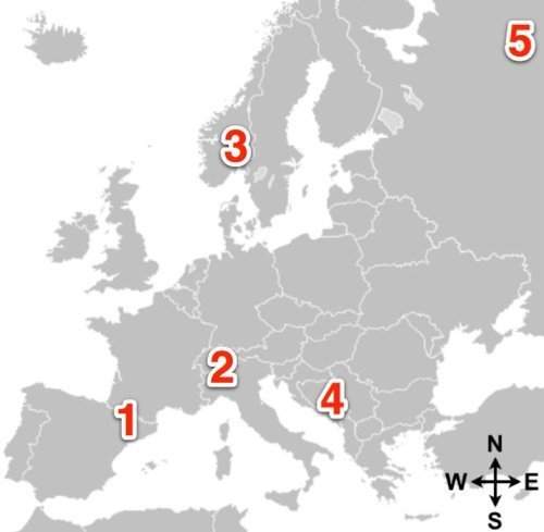 Which number on the map is closest to the pyrenees mountains?  a) 1 b) 2  c) 3