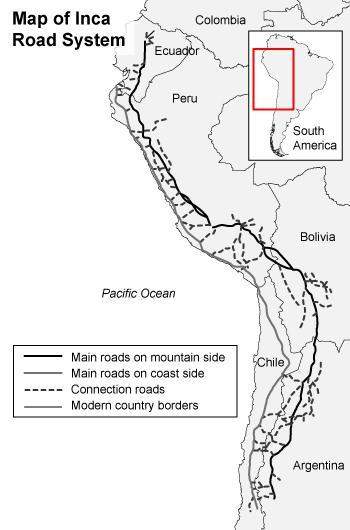 From the map below, what can you infer about the inca cities? map titled map of inca empire road sy