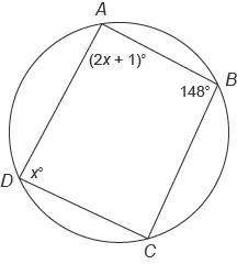 Quadrilateral abcd  is inscribed in this circle. what is the measure of angle a?&lt;