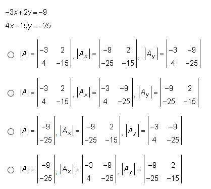 Which determinants can be used to solve for x and y in the system of linear equations below?