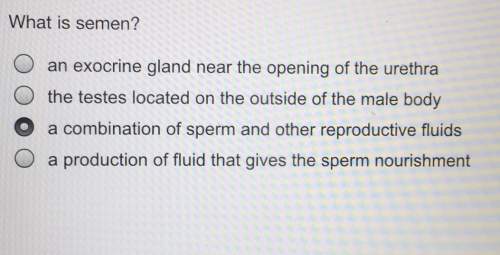 What is semen? c an exocrine gland near the opening of the urethrao the testes located on the outsid
