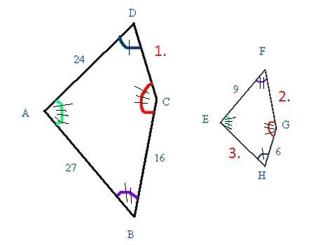 Quad abcd ~ quad efgh, find the lengths of sides 1, 2, and 3. i am stuck on 1 and 3. number 2 is 8.2