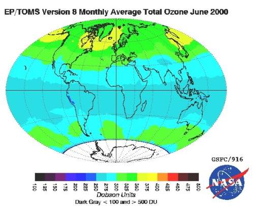 The map shows concentrations of ozone around the world. ozone shields earth from harmful ultraviolet