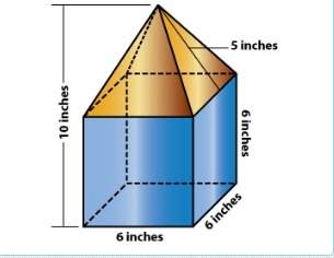 The base of the solid figure shown is a cube with sides that measure 6 inches. the top portion is a