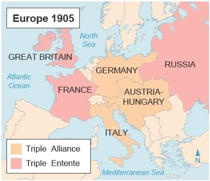 The map shows europe’s two major alliances in place in 1905. which bes