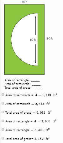 Daniela has a rectangular yard with a pool in the shape of a semicircle. how many square feet of gra
