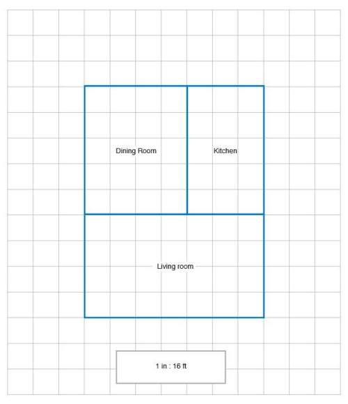 The figure shows a blueprint of a dining room, kitchen, and living room. each square has a side leng