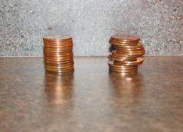 Pleeeaaassseee me  the stack on the left is made up of 15 pennies, and the stack on the