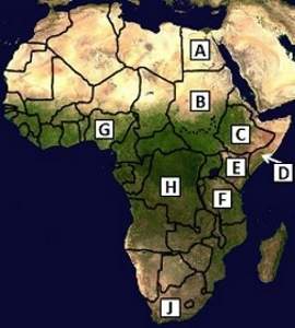 On the map above, country j is  a. kenya b. nigeria c. south afr