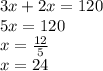 3x + 2x = 120 \\ 5x = 120 \\ x =  \frac{12}{5}  \\ x = 24
