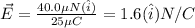 \vec{E}=\frac{40.0 \mu N (\hat{i})}{25 \mu C}=1.6(\hat{i}) N/C