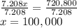 \frac{7.208x}{7.208} = \frac{720,800}{7.208} \\x = 100,000