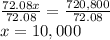 \frac{72.08x}{72.08} = \frac{720,800}{72.08} \\x = 10,000