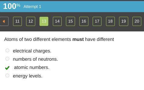 Atoms of two different elements must have o ferent

electrical charges.
numbers of neutrons.
o atomi