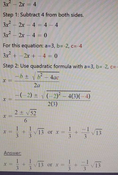 3x²-2x=4 quadratic equation