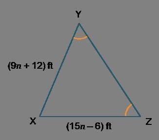 Triangle X Y Z is shown. The length of side X Y is (9 n + 12) feet and the length of side X Z is (15